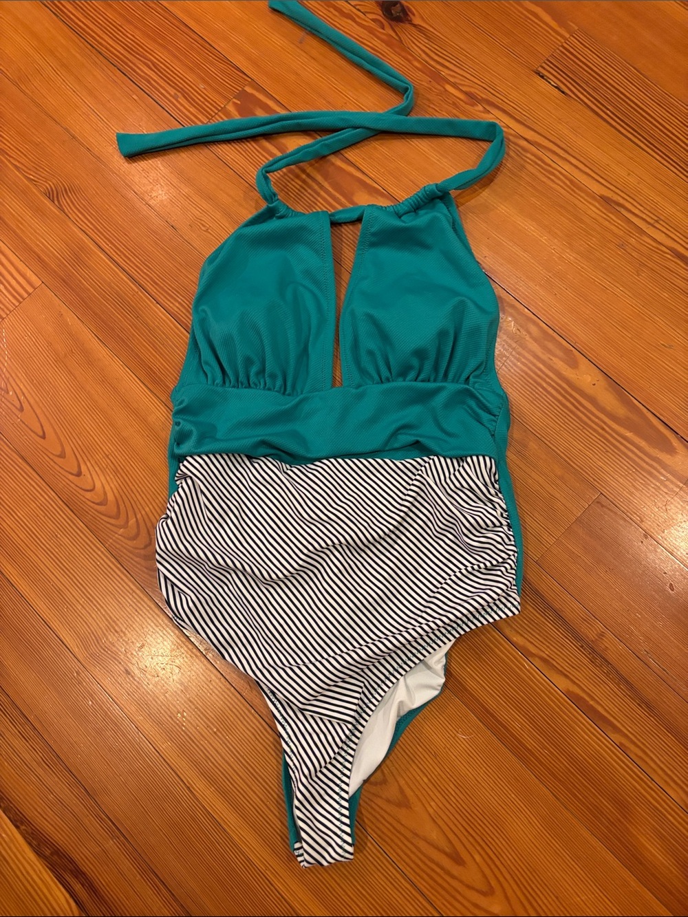 Teal Halter One-Piece Swimsuit with Black & White Stripe Waist